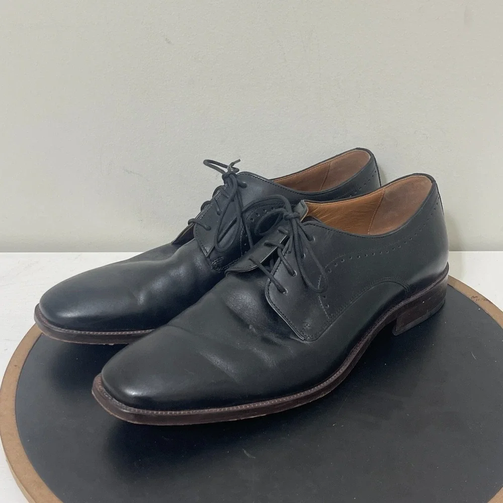 Johnston Murphy Henrick Plain Toe Men 10.5 Derby Black Full Grain Leather